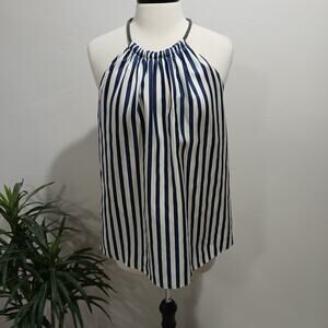 LILYSILK Top Womens Small Blue White Stripe Silk Amalfi Halter Blouse NWOT